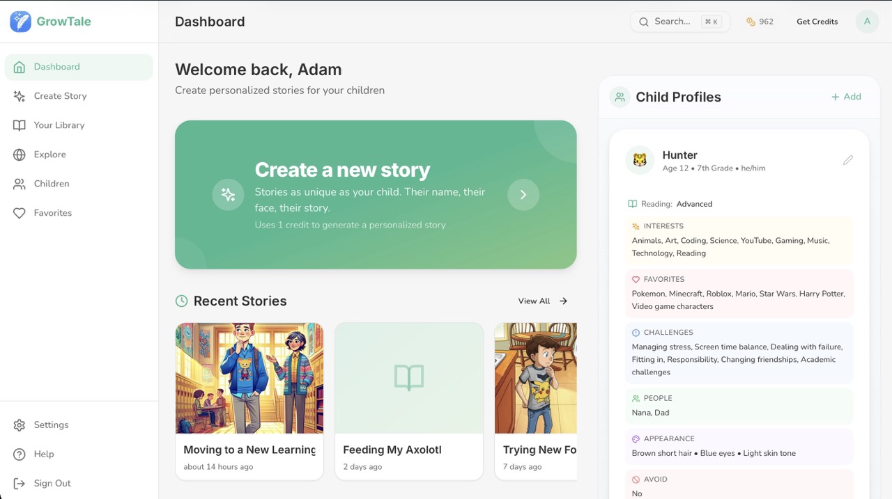 GrowTale dashboard showing your child's stories and quick actions